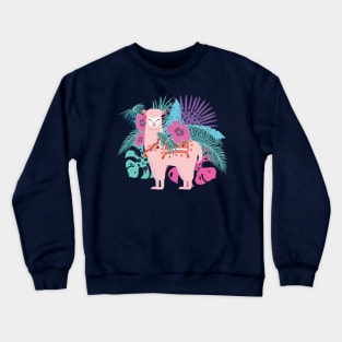 Pink Alpaca with exotic leaves and flowers Crewneck Sweatshirt